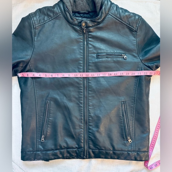 Men's Blue Faux Leather Jacket with Hood - Picture 10 of 12